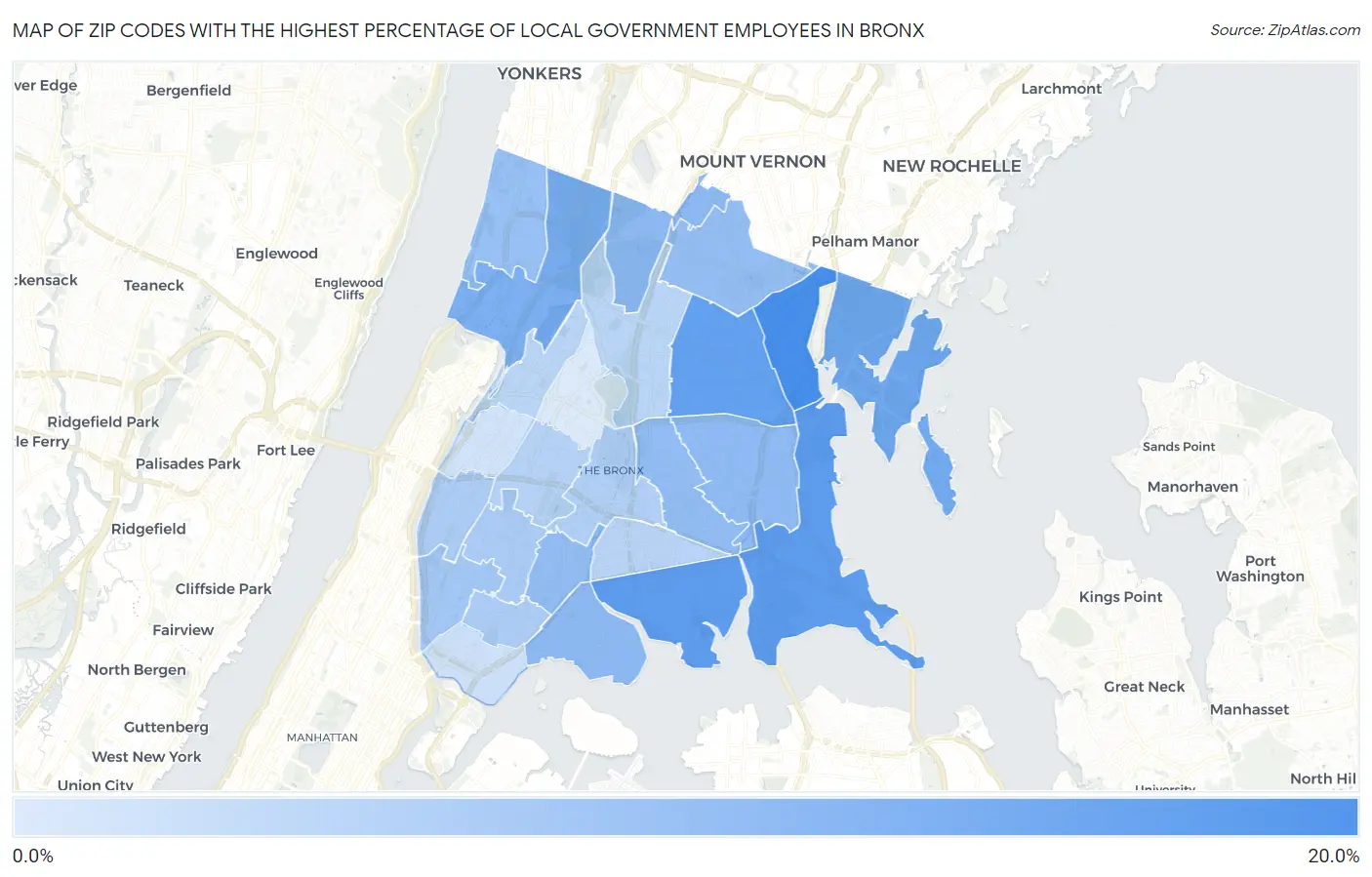 Zip Codes with the Highest Percentage of Local Government Employees in Bronx Map