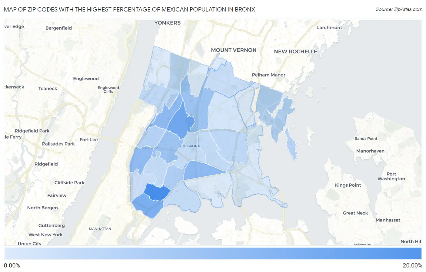 Zip Codes with the Highest Percentage of Mexican Population in Bronx Map