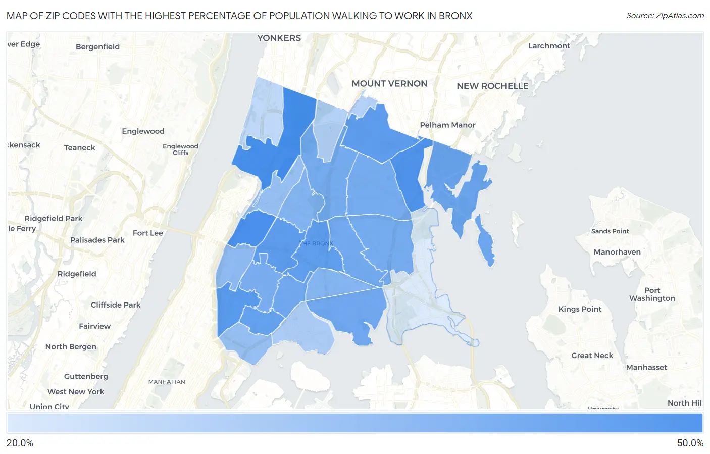 Zip Codes with the Highest Percentage of Population Walking to Work in Bronx Map