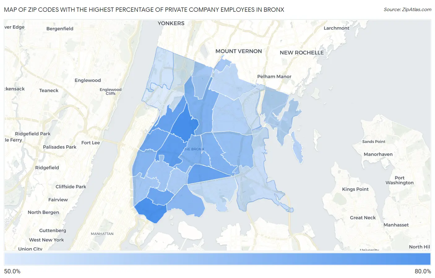 Zip Codes with the Highest Percentage of Private Company Employees in Bronx Map