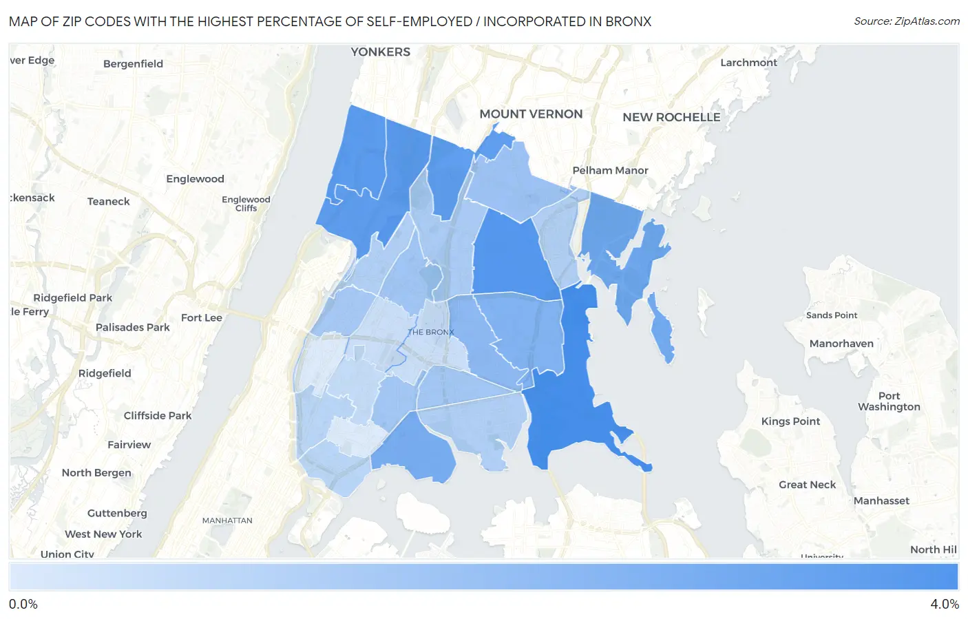 Zip Codes with the Highest Percentage of Self-Employed / Incorporated in Bronx Map