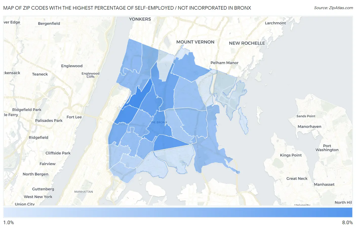 Zip Codes with the Highest Percentage of Self-Employed / Not Incorporated in Bronx Map