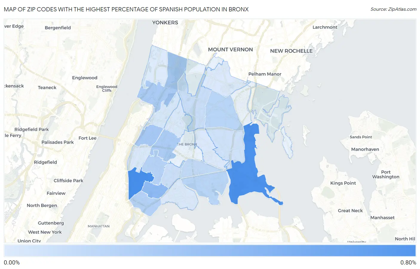 Zip Codes with the Highest Percentage of Spanish Population in Bronx Map