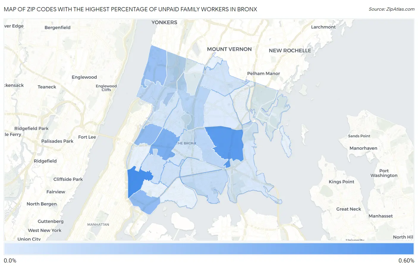 Zip Codes with the Highest Percentage of Unpaid Family Workers in Bronx Map