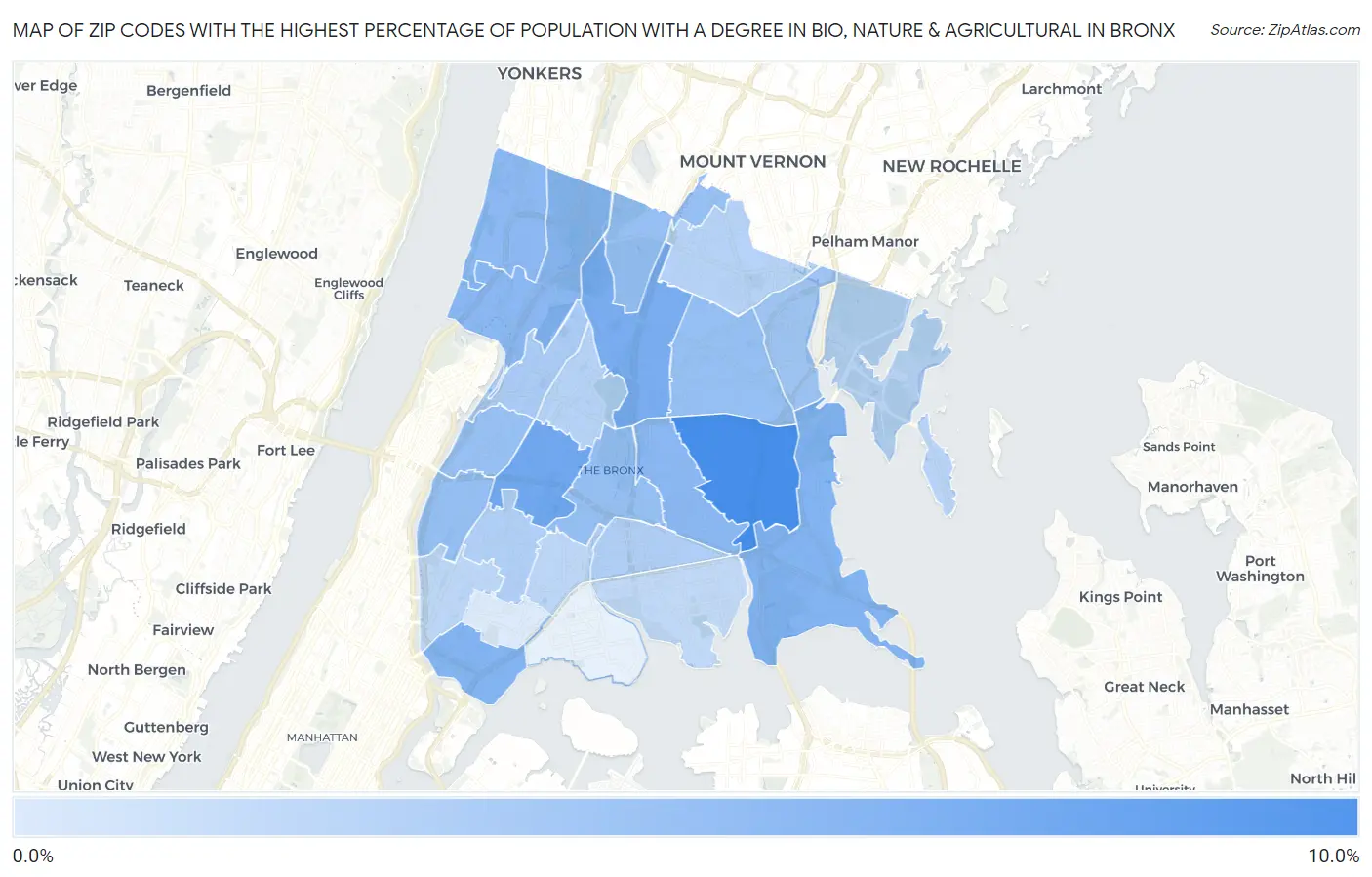 Zip Codes with the Highest Percentage of Population with a Degree in Bio, Nature & Agricultural in Bronx Map