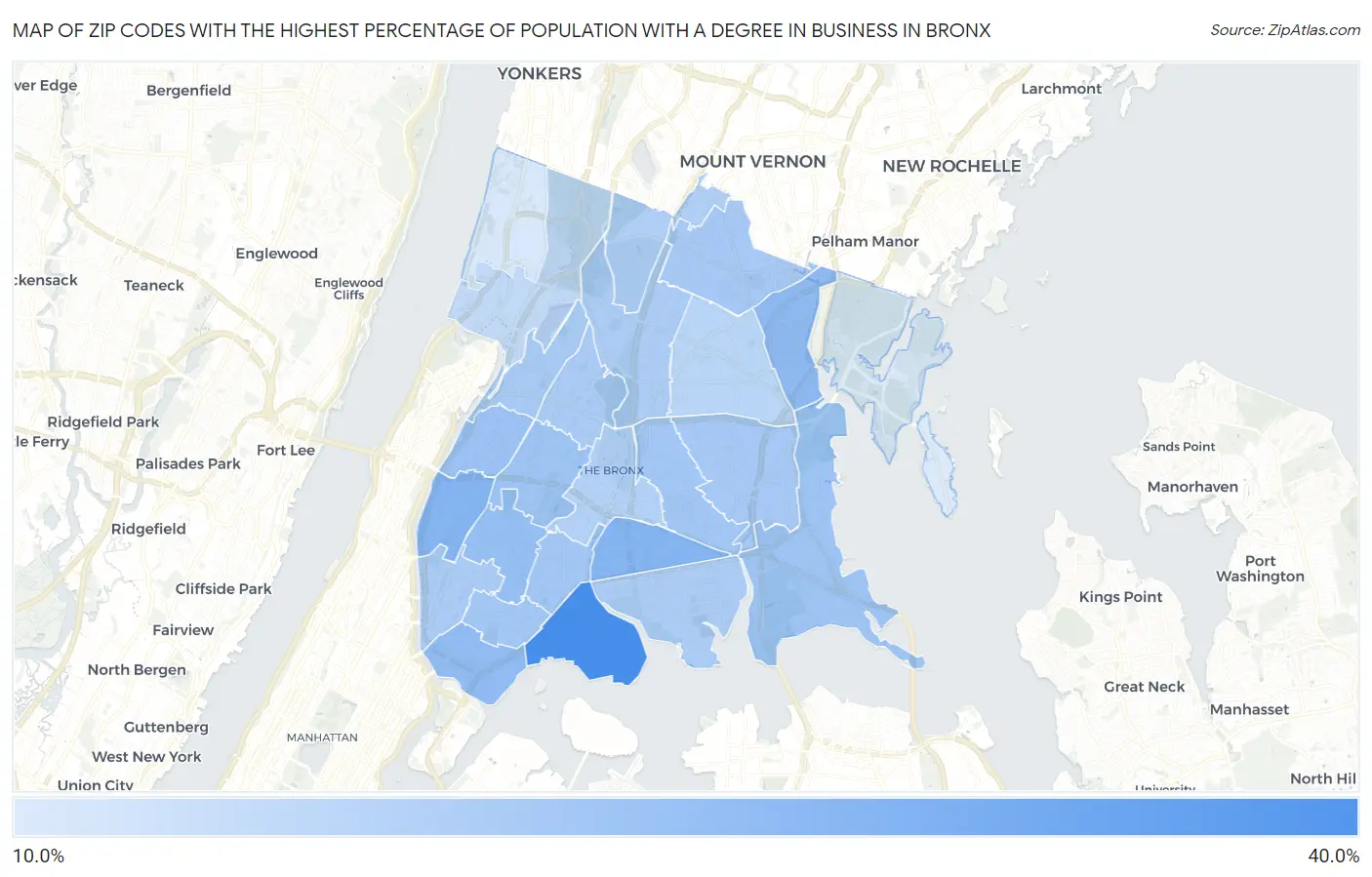 Zip Codes with the Highest Percentage of Population with a Degree in Business in Bronx Map