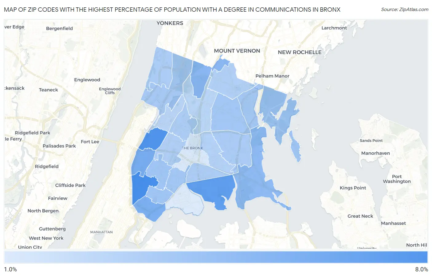 Zip Codes with the Highest Percentage of Population with a Degree in Communications in Bronx Map