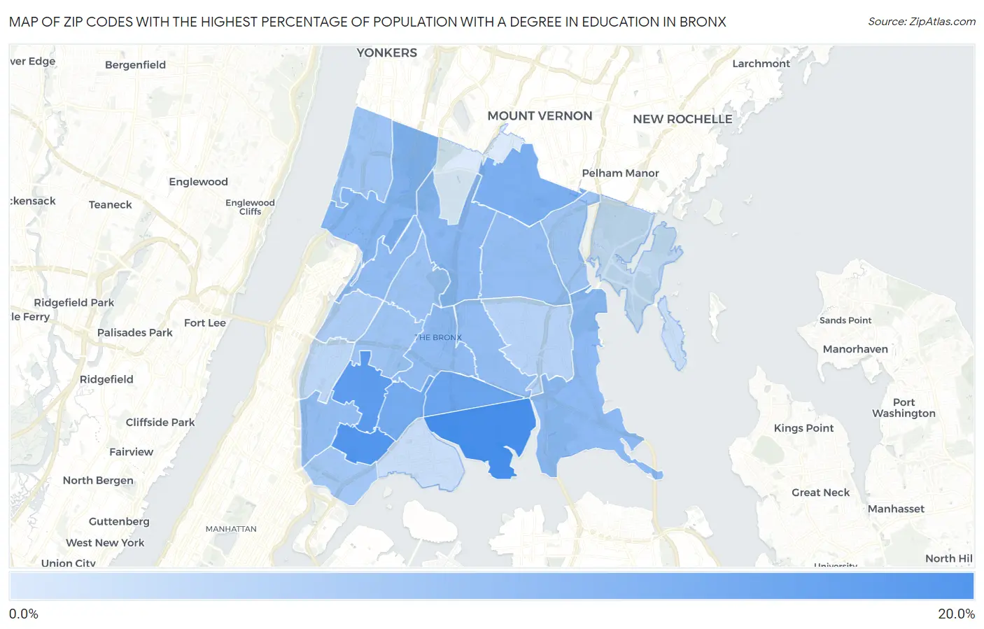Zip Codes with the Highest Percentage of Population with a Degree in Education in Bronx Map
