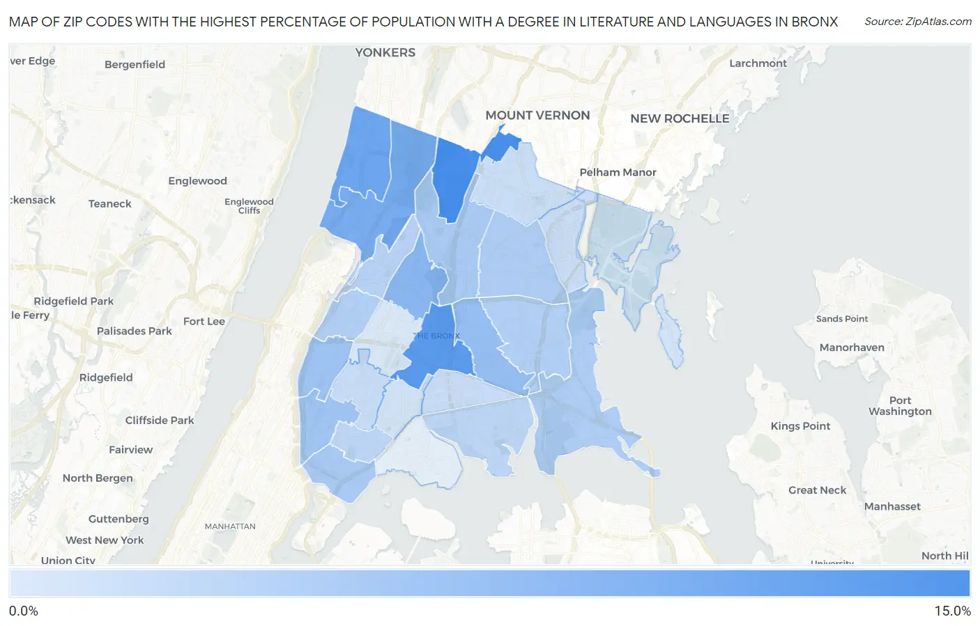 Zip Codes with the Highest Percentage of Population with a Degree in Literature and Languages in Bronx Map