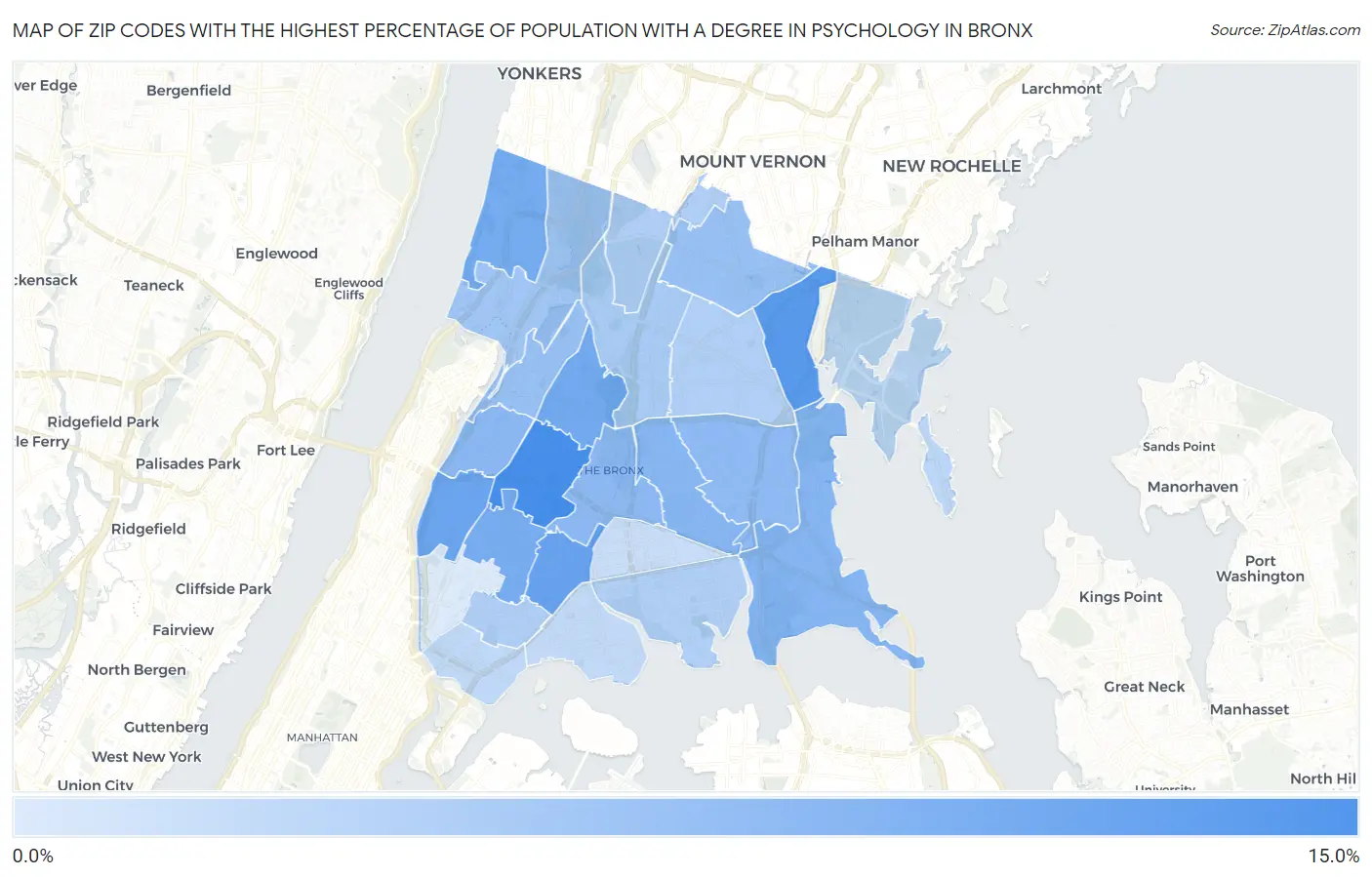 Zip Codes with the Highest Percentage of Population with a Degree in Psychology in Bronx Map