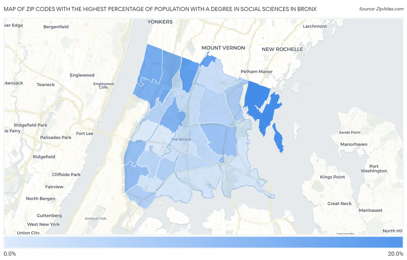 Zip Codes with the Highest Percentage of Population with a Degree in Social Sciences in Bronx Map