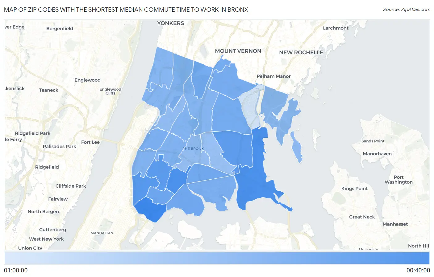 Zip Codes with the Shortest Median Commute Time to Work in Bronx Map