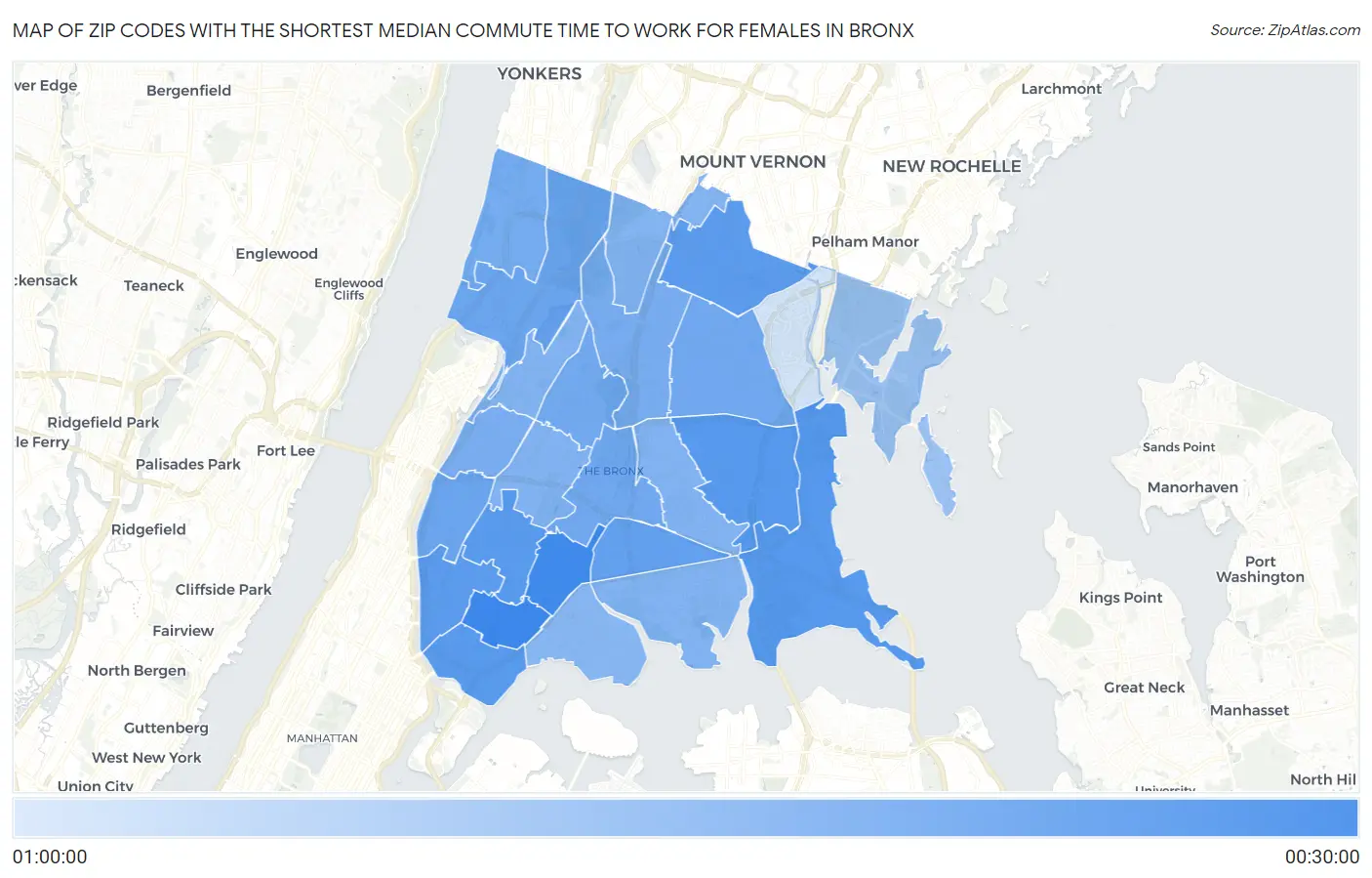 Zip Codes with the Shortest Median Commute Time to Work for Females in Bronx Map