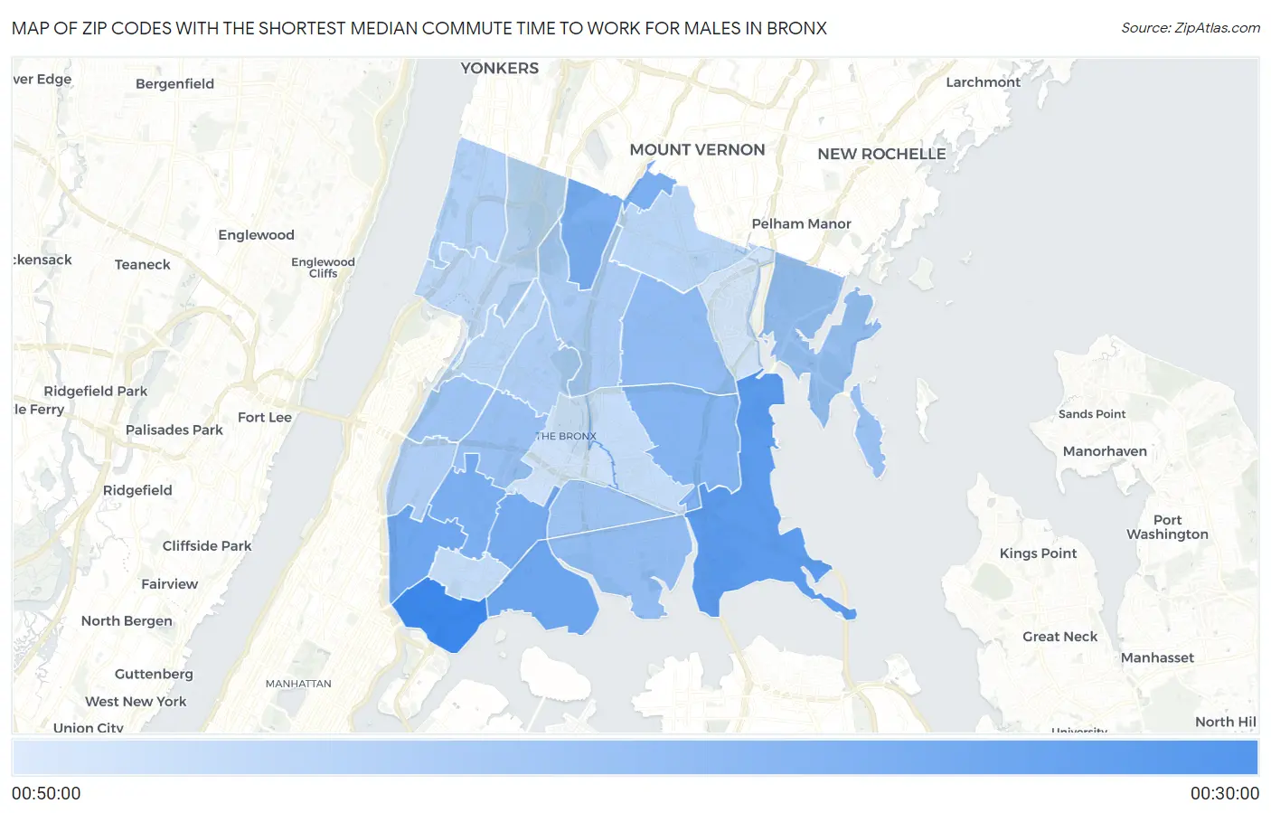 Zip Codes with the Shortest Median Commute Time to Work for Males in Bronx Map