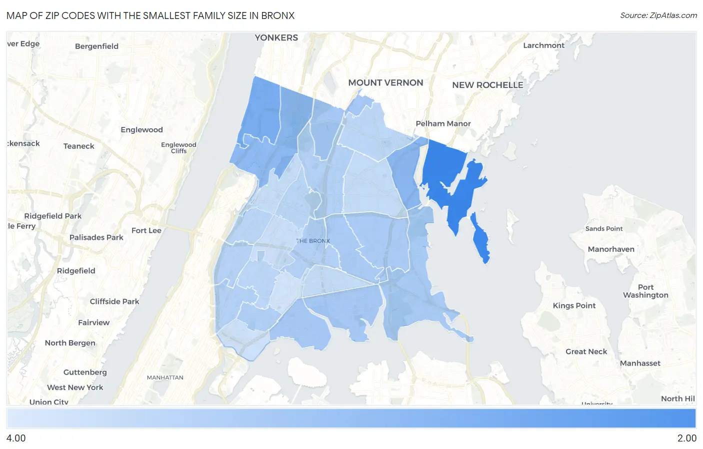 Zip Codes with the Smallest Family Size in Bronx Map