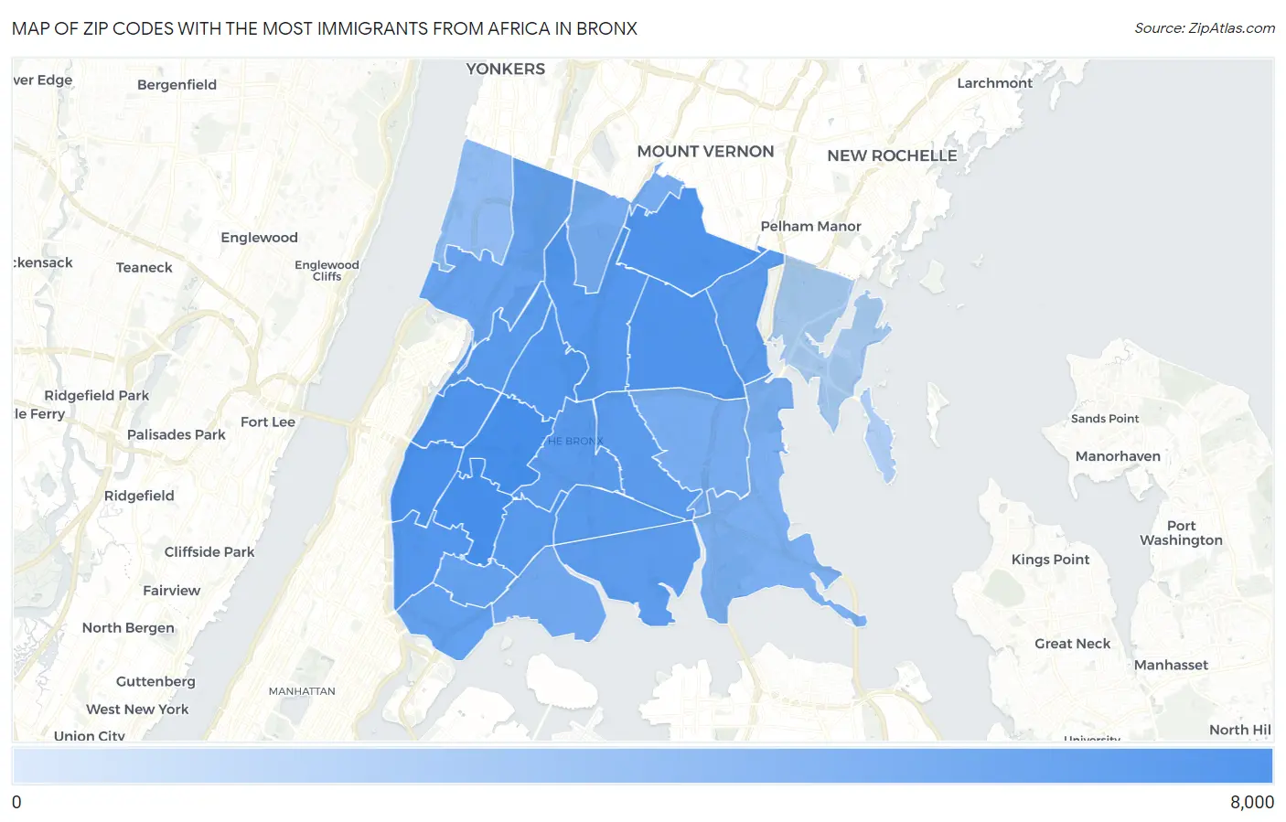 Zip Codes with the Most Immigrants from Africa in Bronx Map
