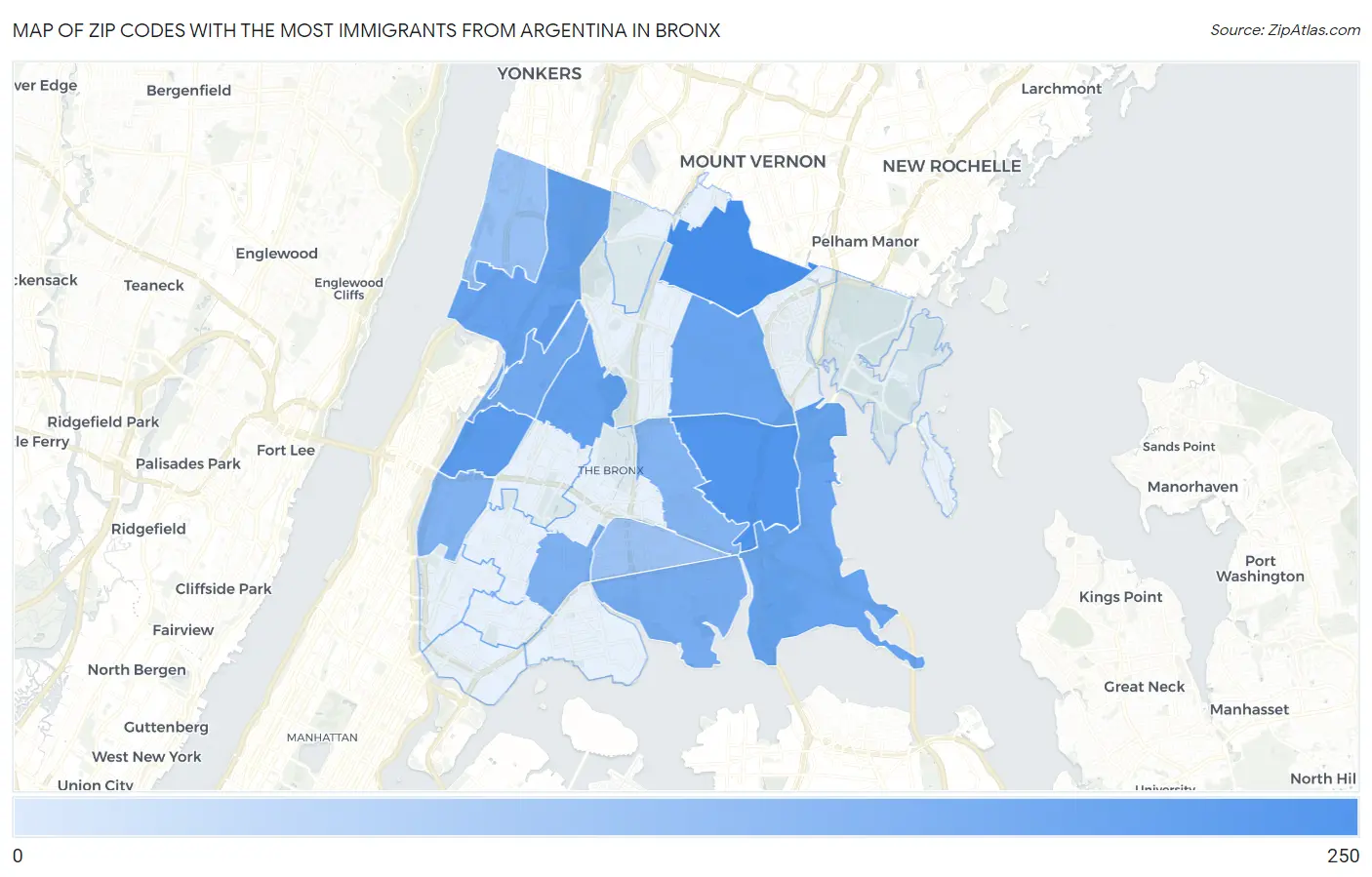 Zip Codes with the Most Immigrants from Argentina in Bronx Map