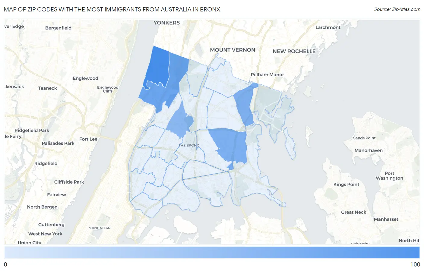 Zip Codes with the Most Immigrants from Australia in Bronx Map