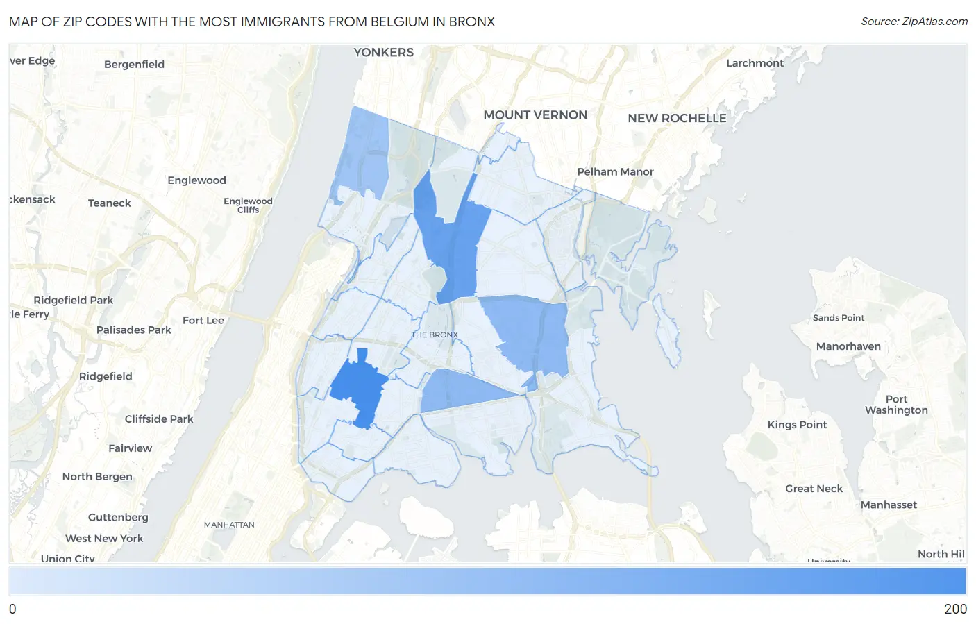 Zip Codes with the Most Immigrants from Belgium in Bronx Map