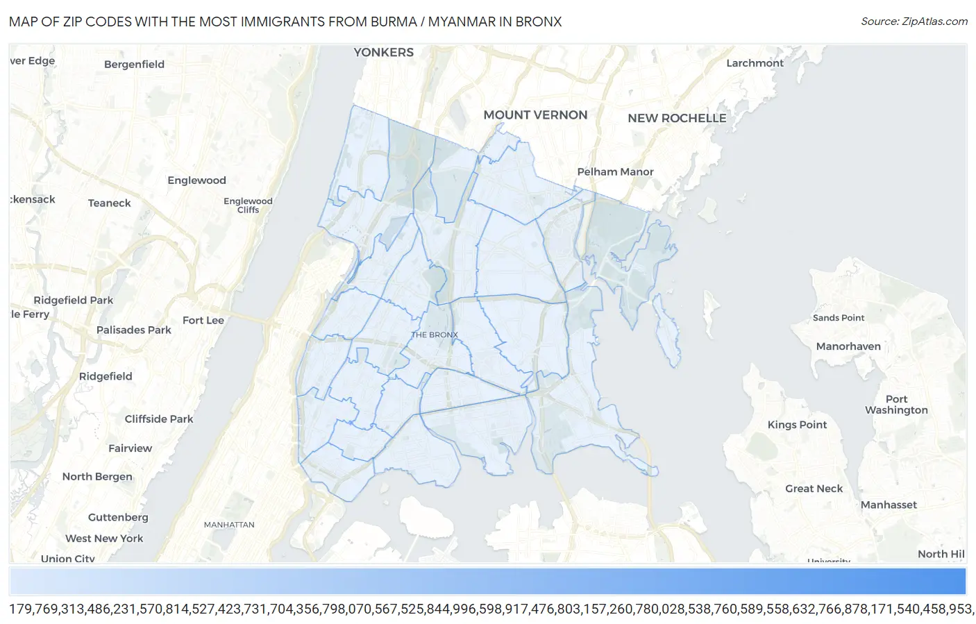 Zip Codes with the Most Immigrants from Burma / Myanmar in Bronx Map