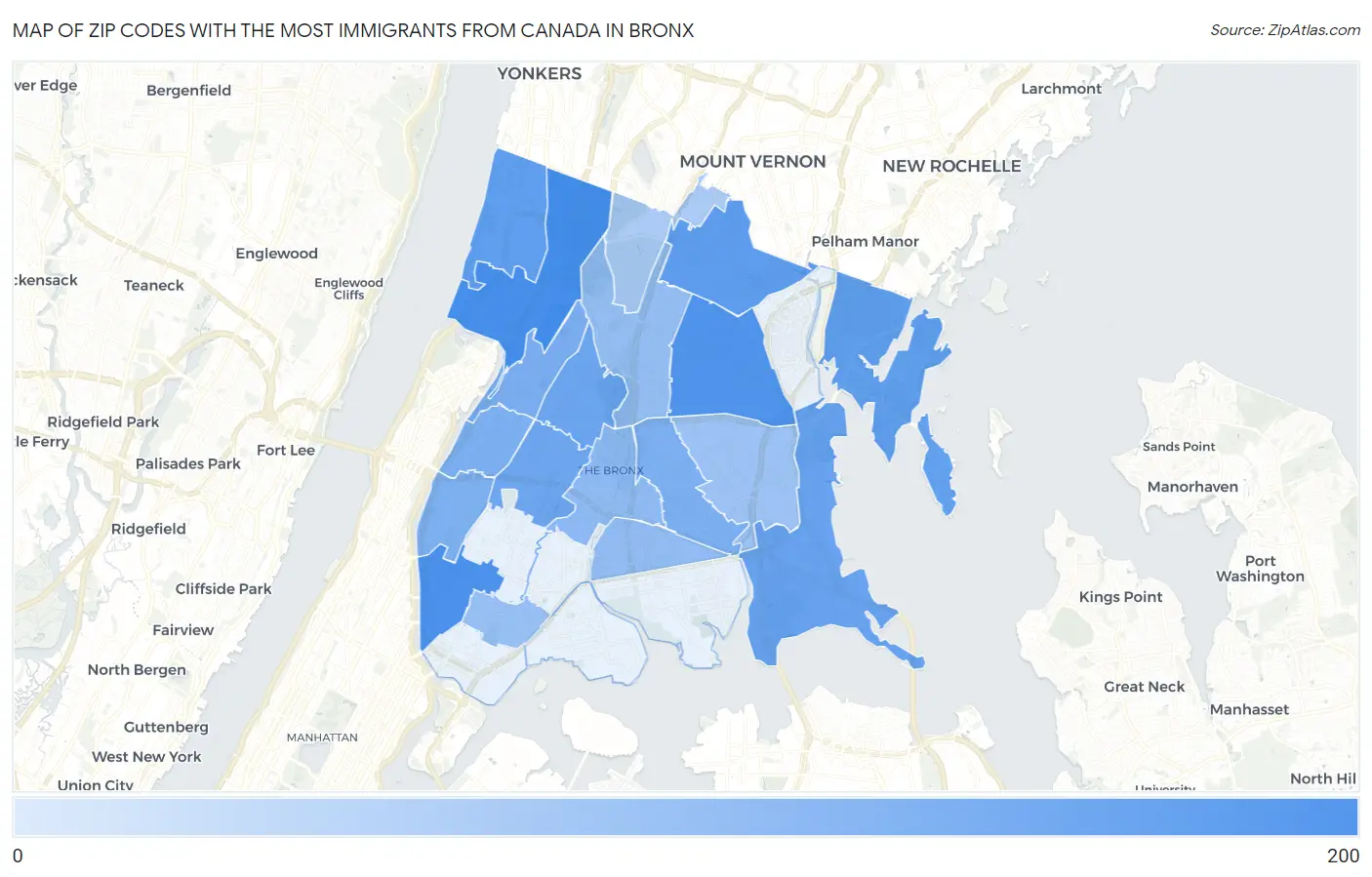 Zip Codes with the Most Immigrants from Canada in Bronx Map