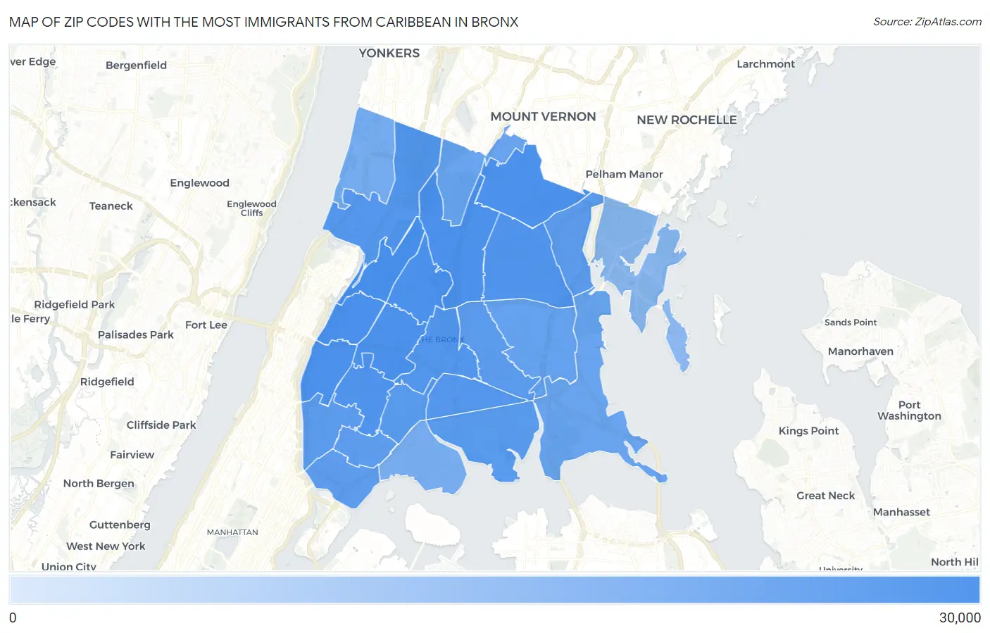 Zip Codes with the Most Immigrants from Caribbean in Bronx Map