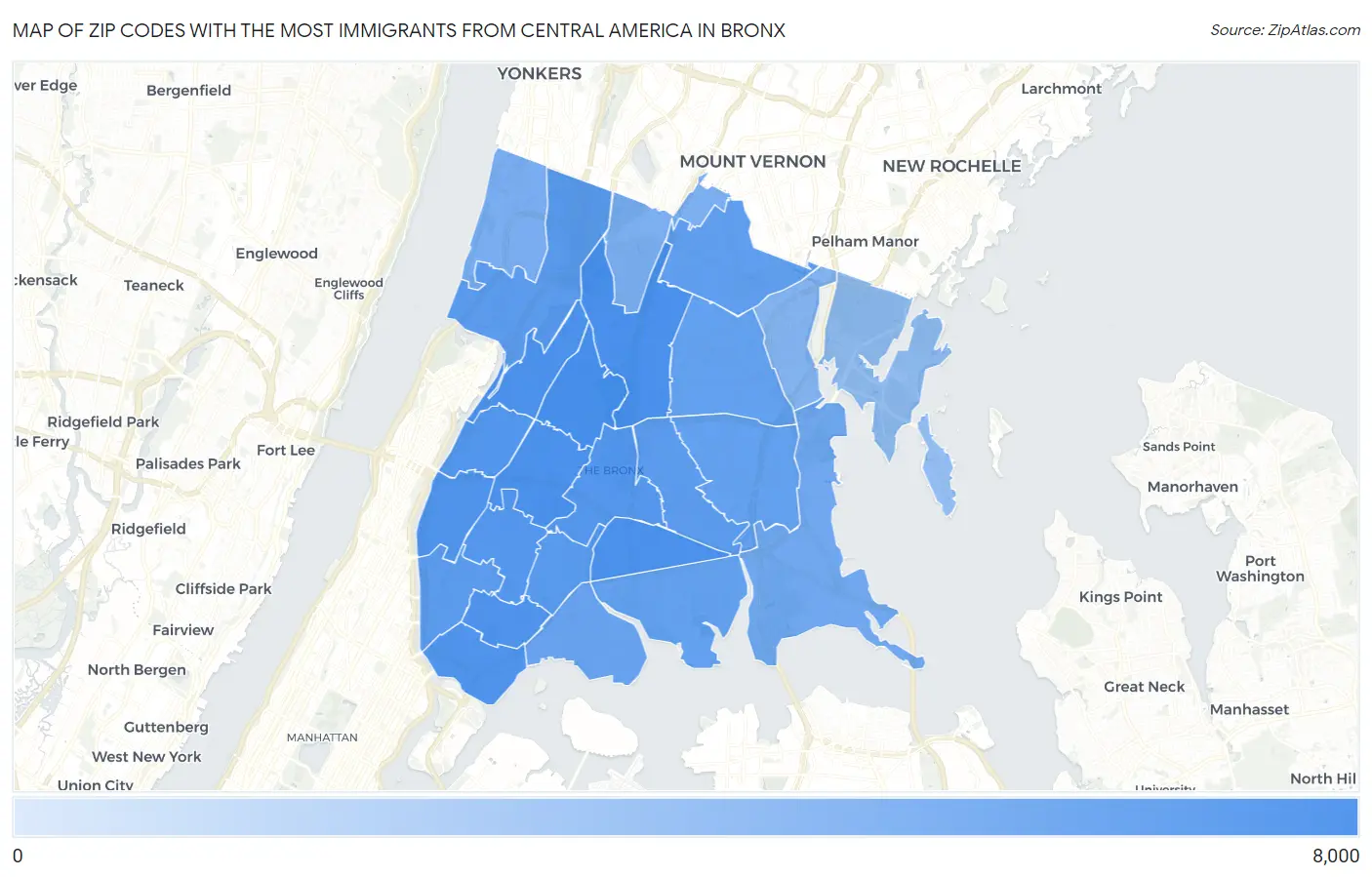 Zip Codes with the Most Immigrants from Central America in Bronx Map