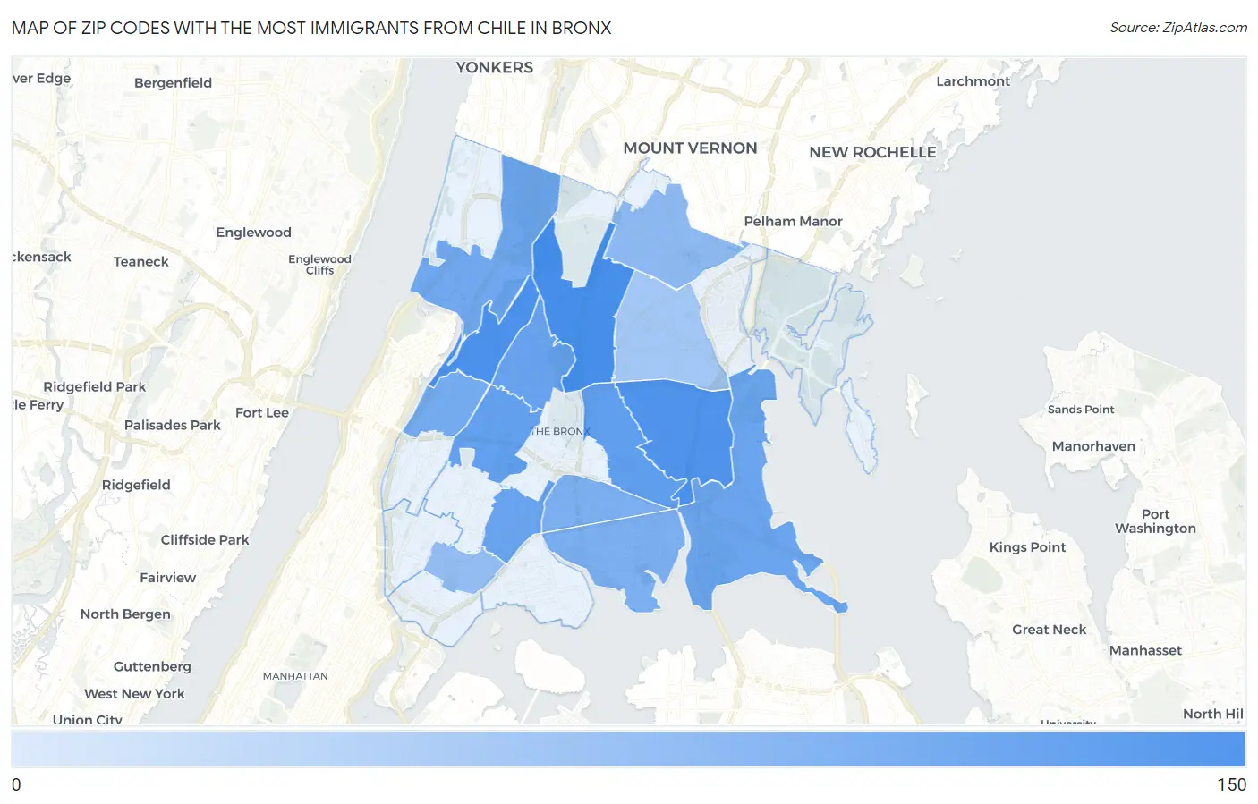 Zip Codes with the Most Immigrants from Chile in Bronx Map