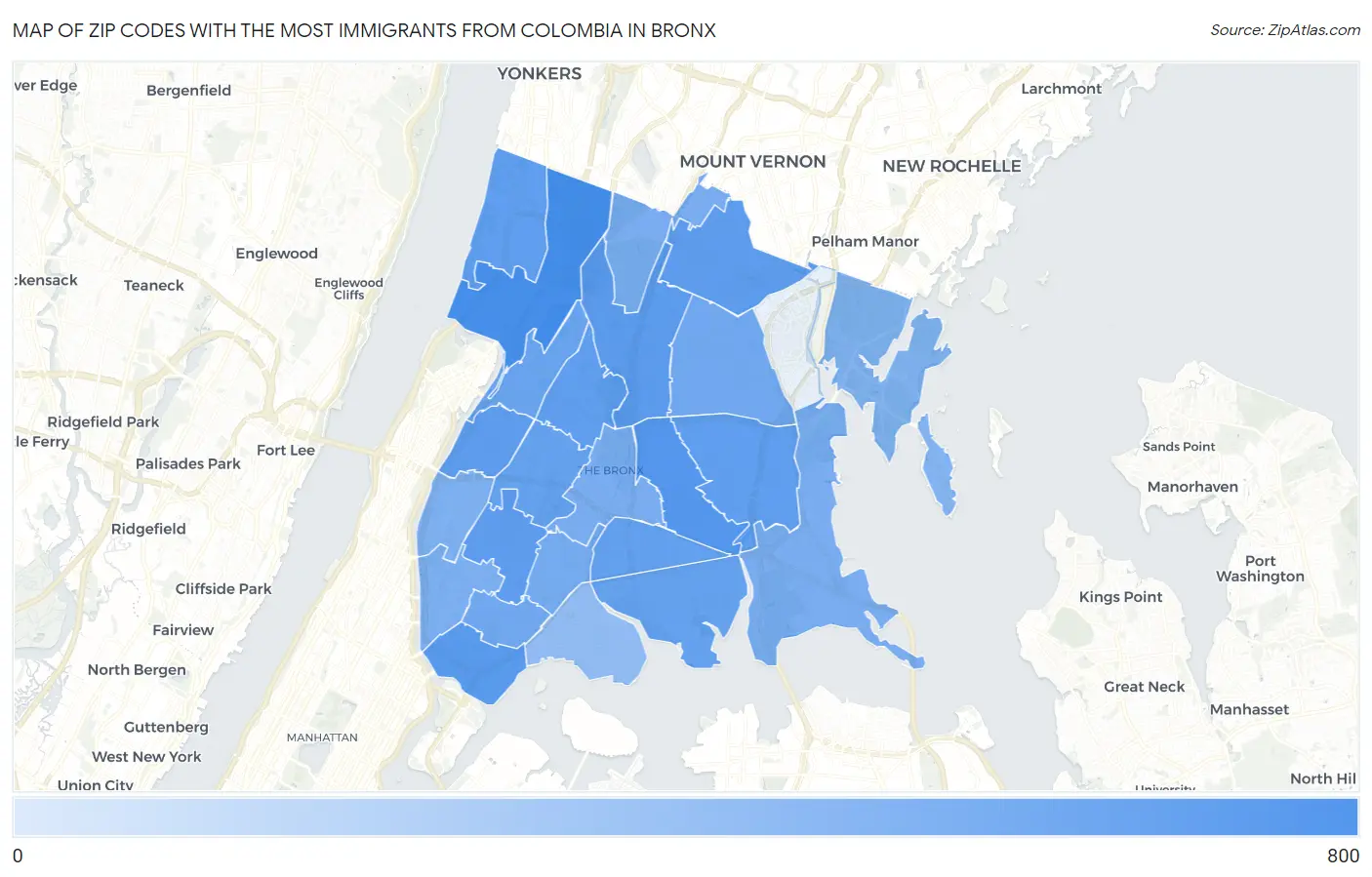 Zip Codes with the Most Immigrants from Colombia in Bronx Map