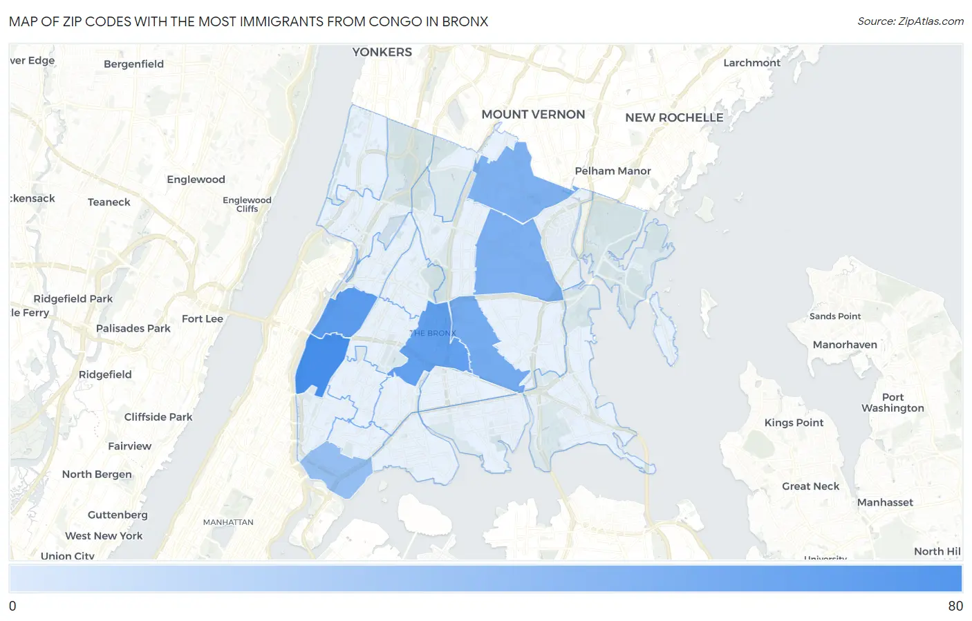 Zip Codes with the Most Immigrants from Congo in Bronx Map
