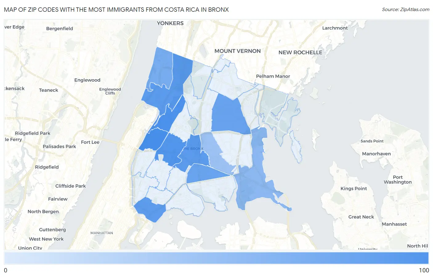 Zip Codes with the Most Immigrants from Costa Rica in Bronx Map