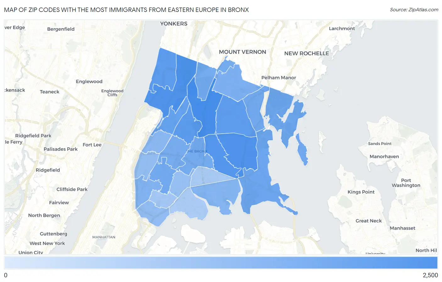 Zip Codes with the Most Immigrants from Eastern Europe in Bronx Map