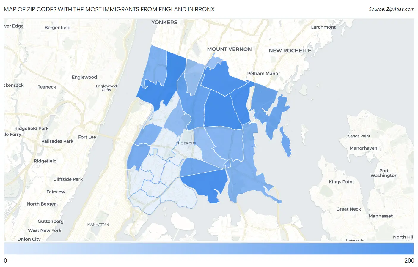 Zip Codes with the Most Immigrants from England in Bronx Map