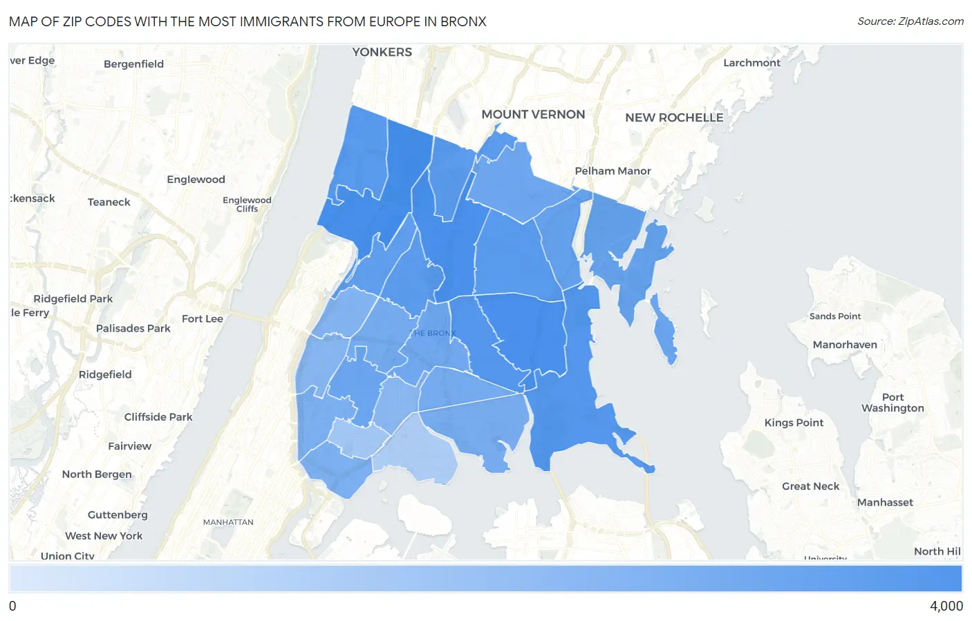 Zip Codes with the Most Immigrants from Europe in Bronx Map