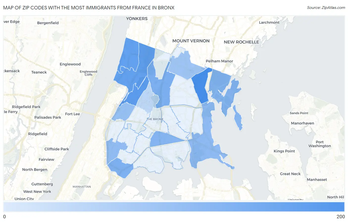 Zip Codes with the Most Immigrants from France in Bronx Map