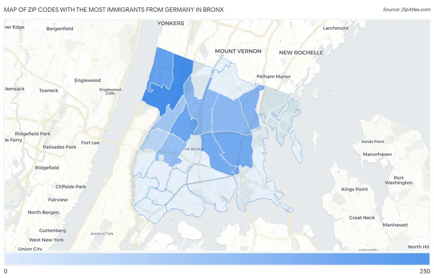 Zip Codes with the Most Immigrants from Germany in Bronx Map