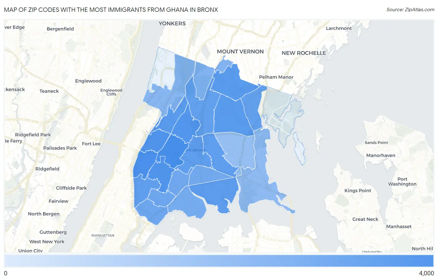Zip Codes with the Most Immigrants from Ghana in Bronx Map