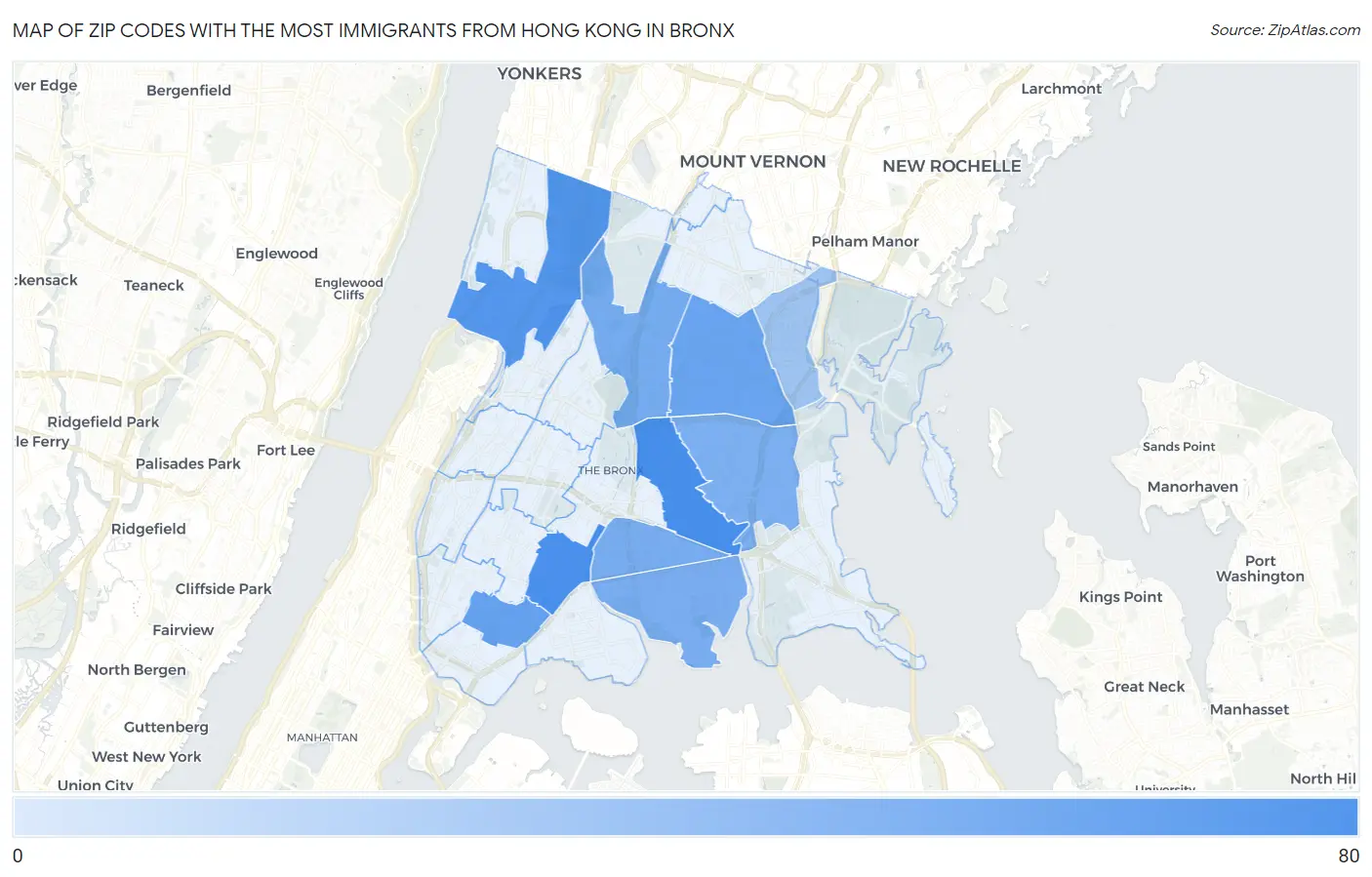 Zip Codes with the Most Immigrants from Hong Kong in Bronx Map