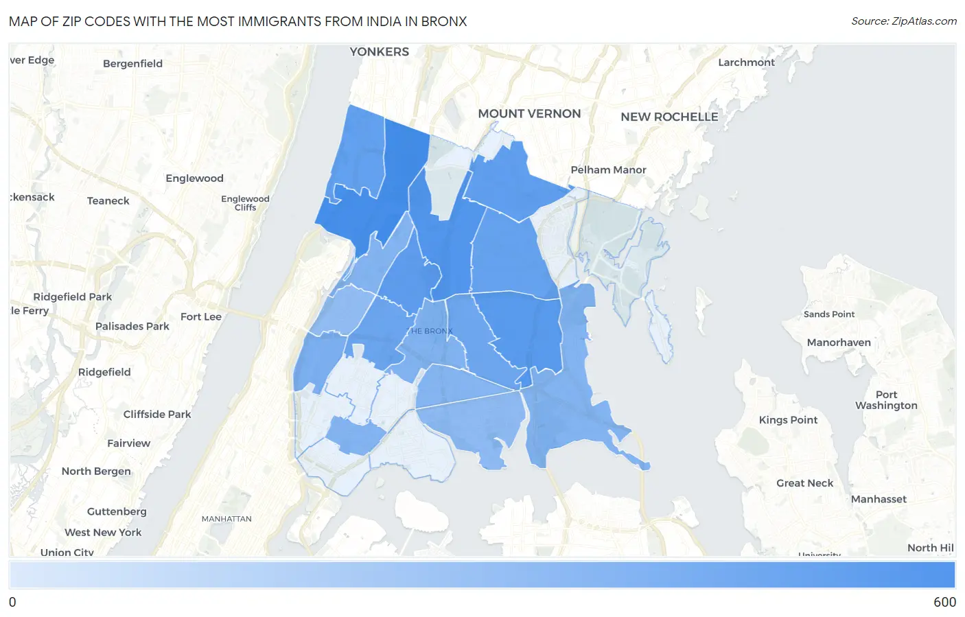 Zip Codes with the Most Immigrants from India in Bronx Map