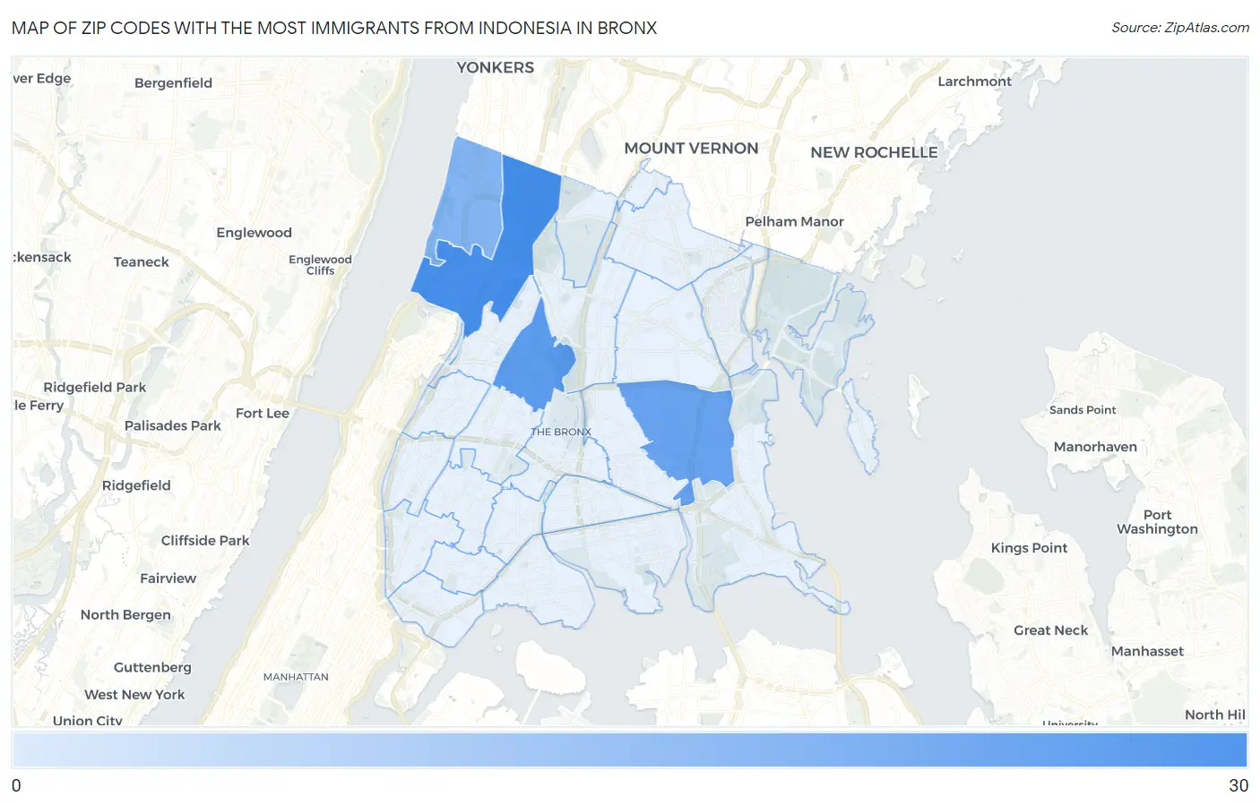 Zip Codes with the Most Immigrants from Indonesia in Bronx Map