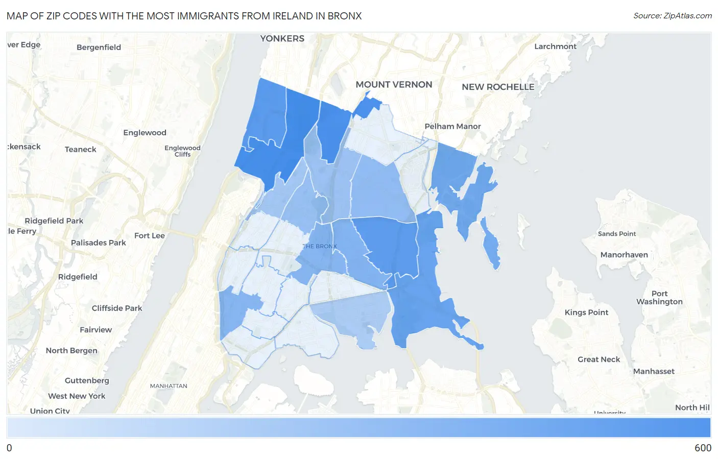 Zip Codes with the Most Immigrants from Ireland in Bronx Map