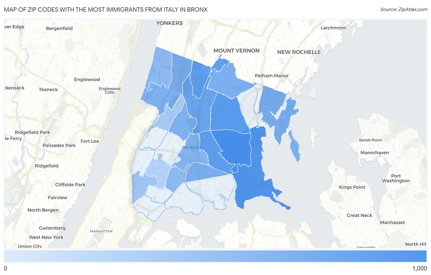 Zip Codes with the Most Immigrants from Italy in Bronx Map