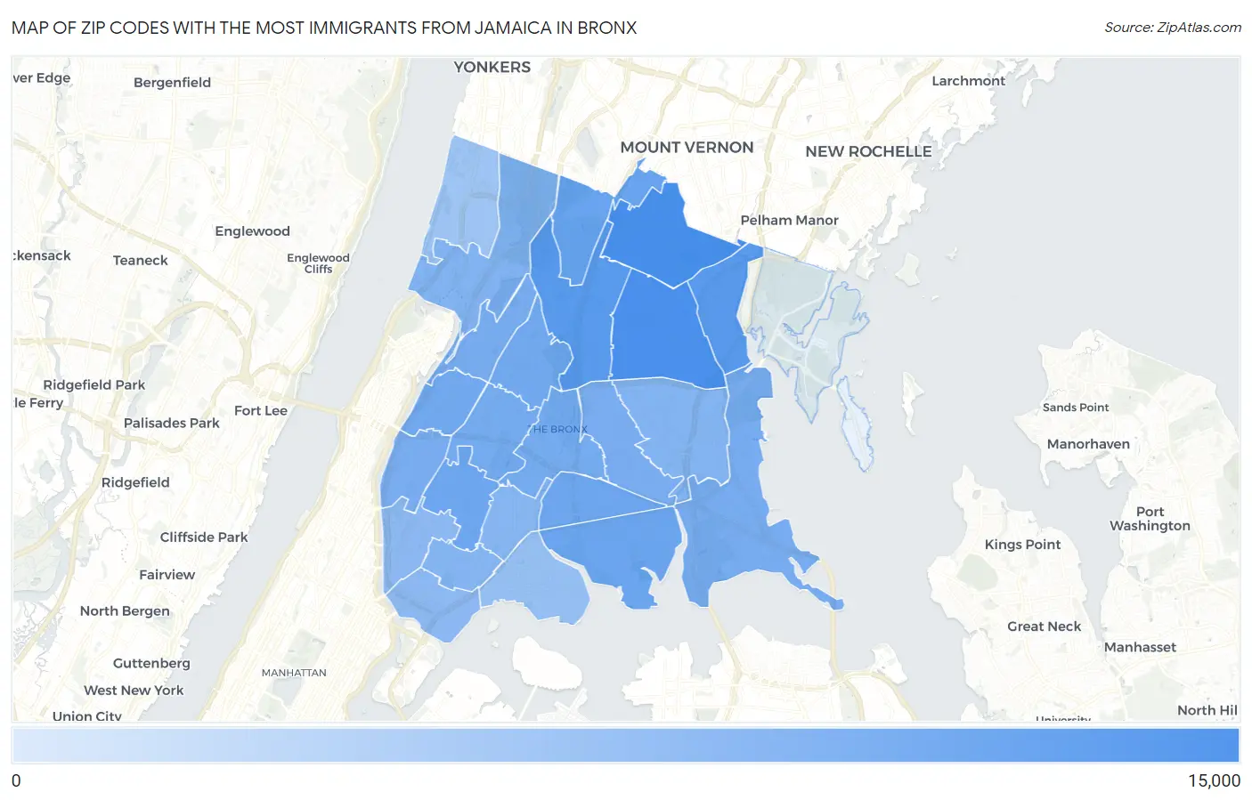 Zip Codes with the Most Immigrants from Jamaica in Bronx Map