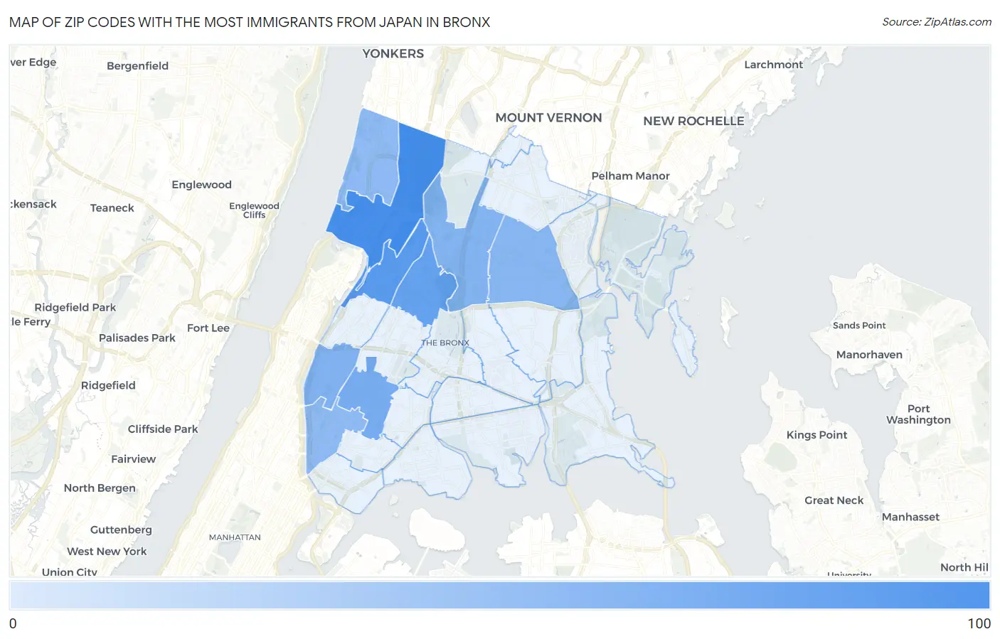 Zip Codes with the Most Immigrants from Japan in Bronx Map