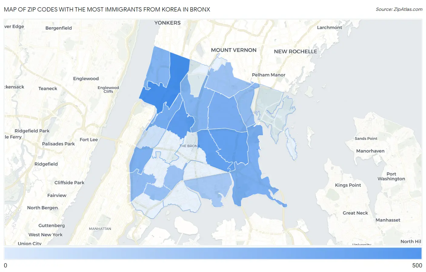 Zip Codes with the Most Immigrants from Korea in Bronx Map
