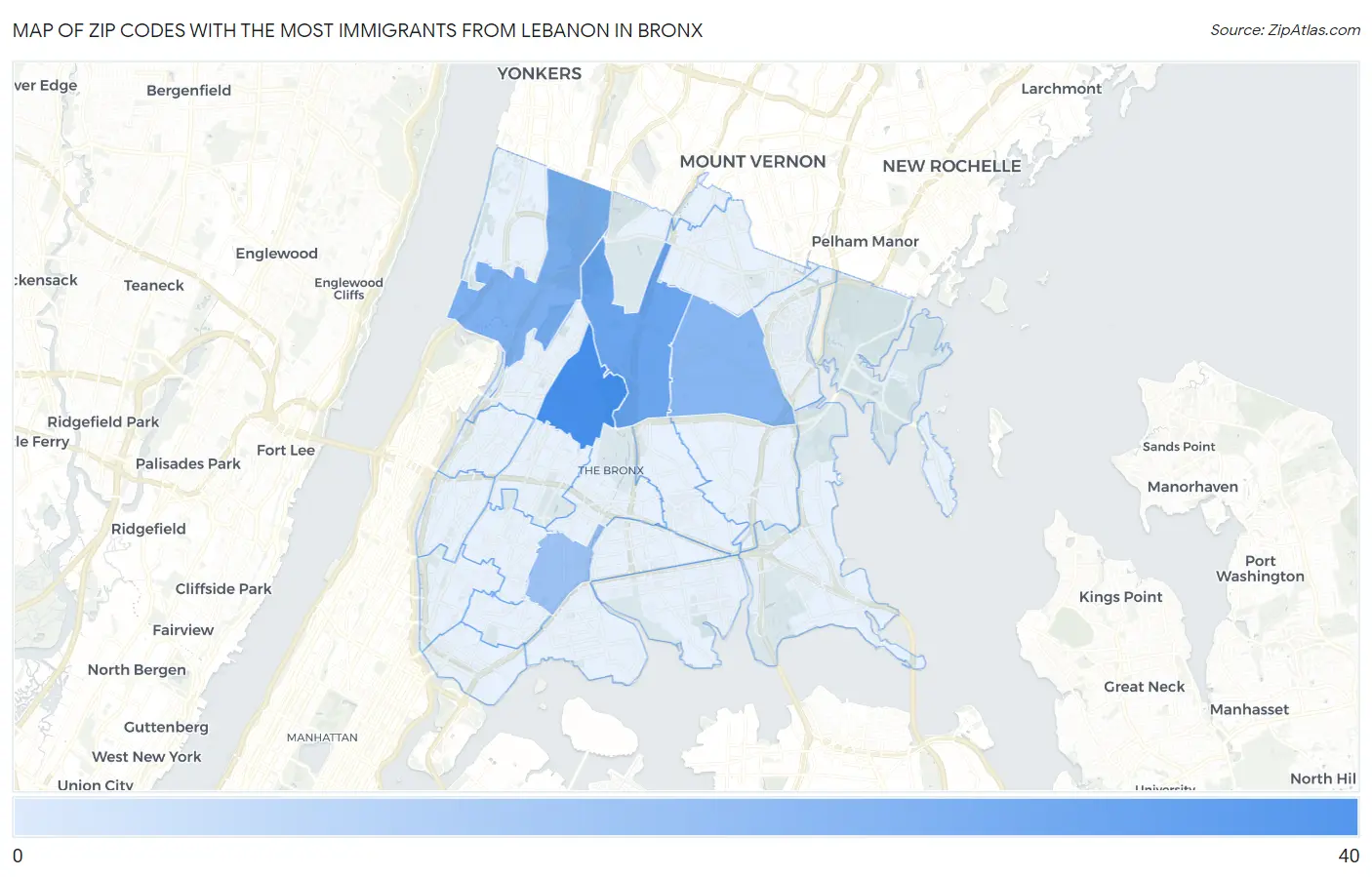 Zip Codes with the Most Immigrants from Lebanon in Bronx Map
