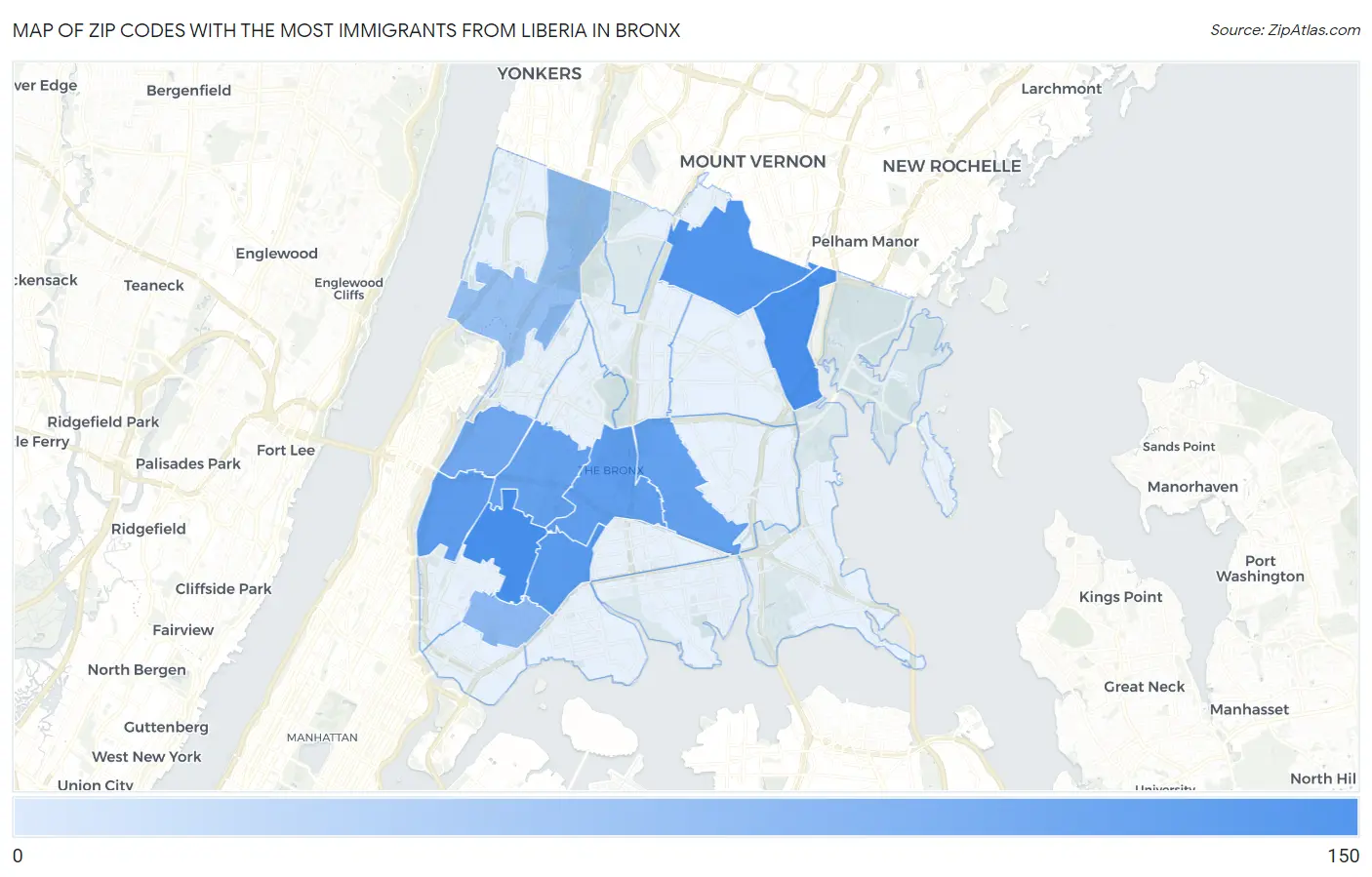 Zip Codes with the Most Immigrants from Liberia in Bronx Map
