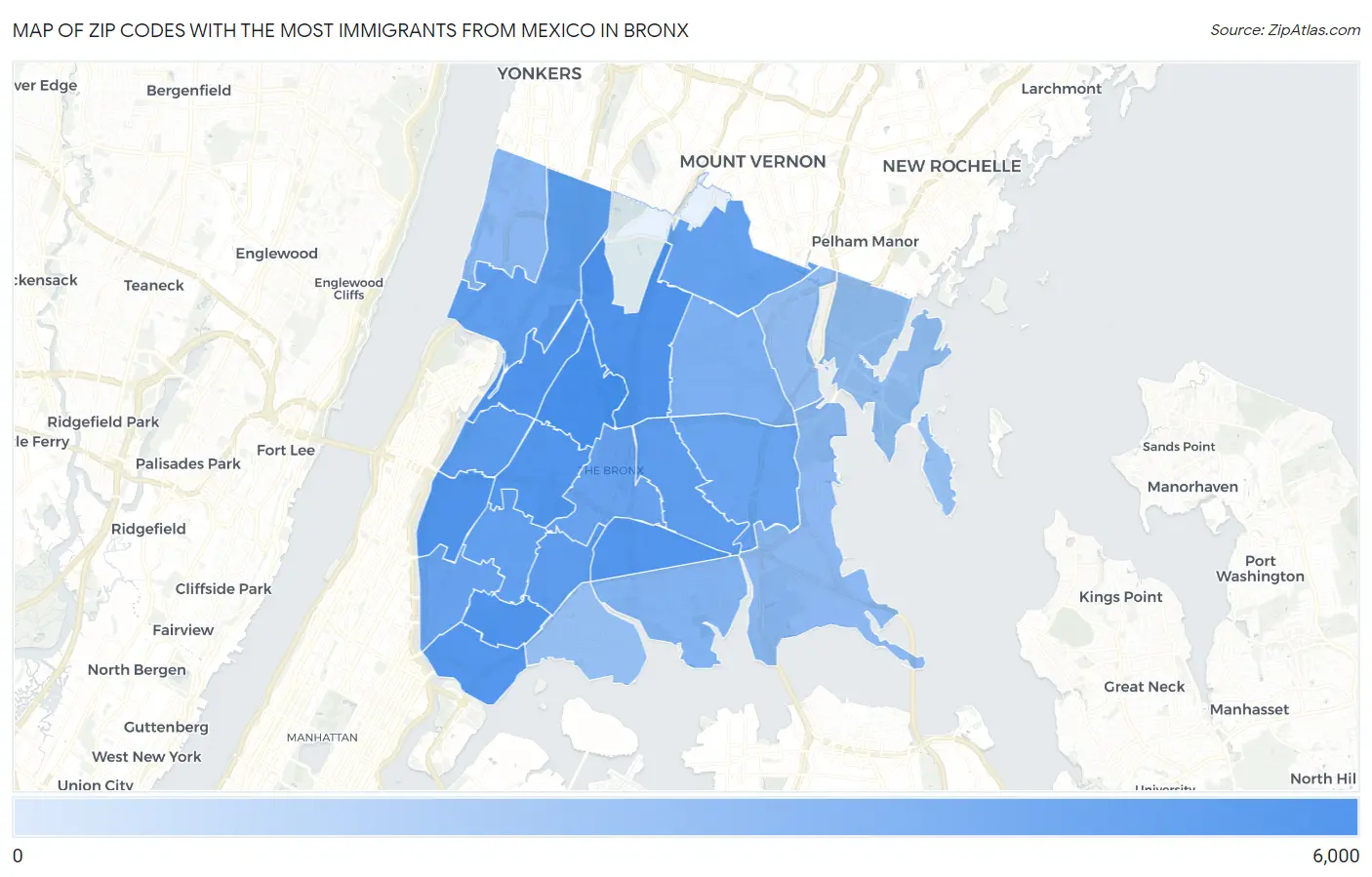 Zip Codes with the Most Immigrants from Mexico in Bronx Map