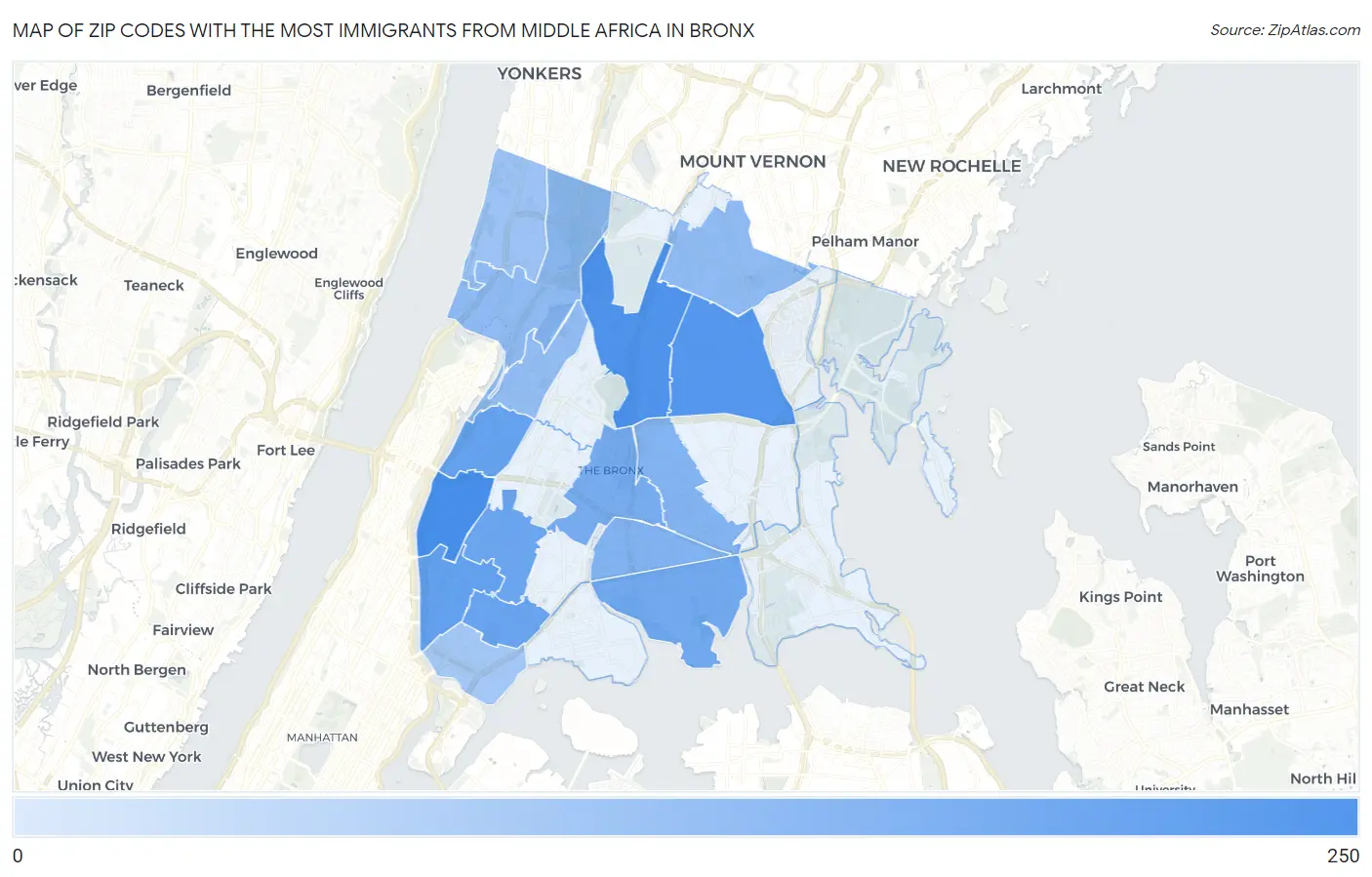 Zip Codes with the Most Immigrants from Middle Africa in Bronx Map