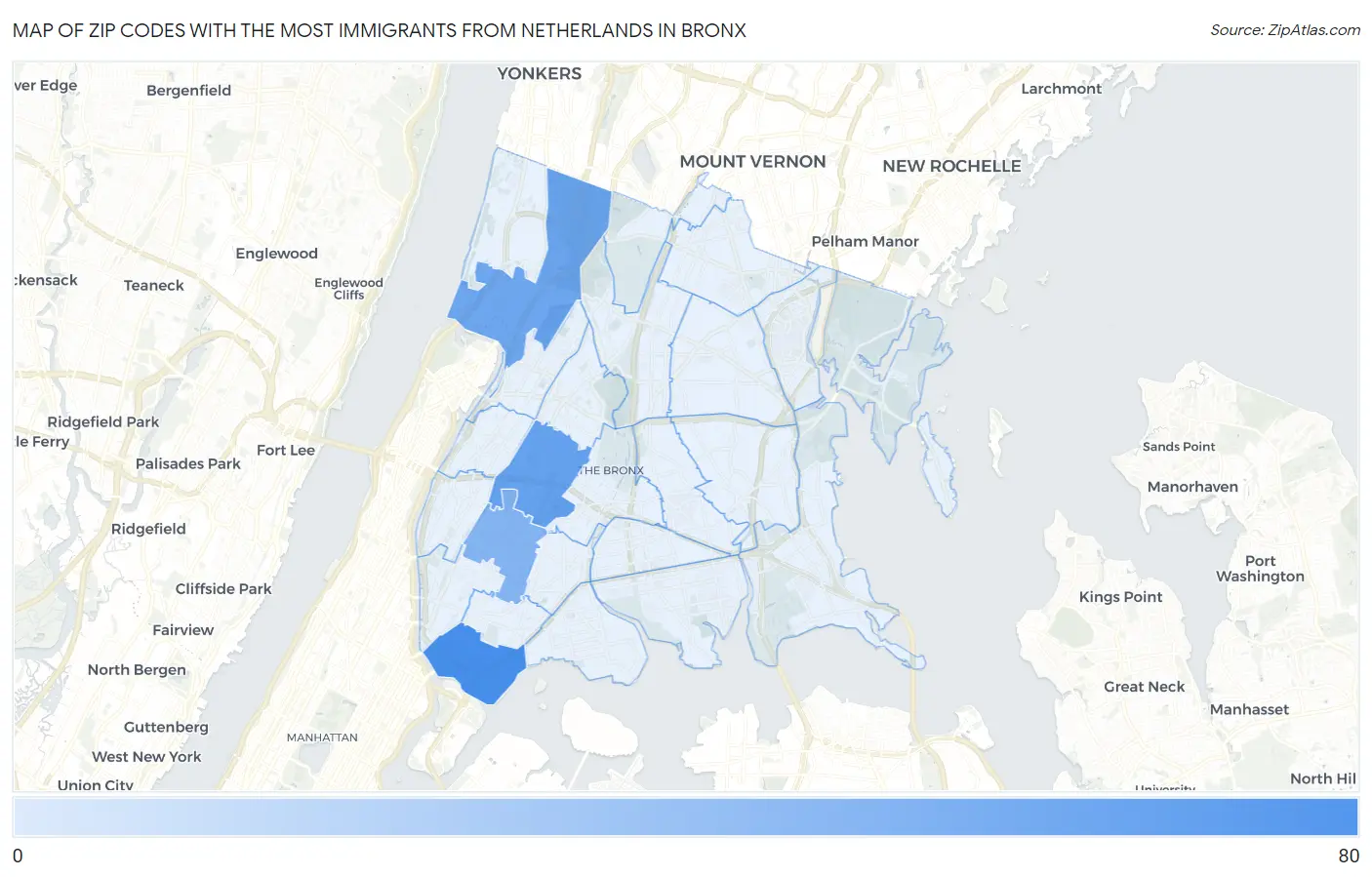 Zip Codes with the Most Immigrants from Netherlands in Bronx Map